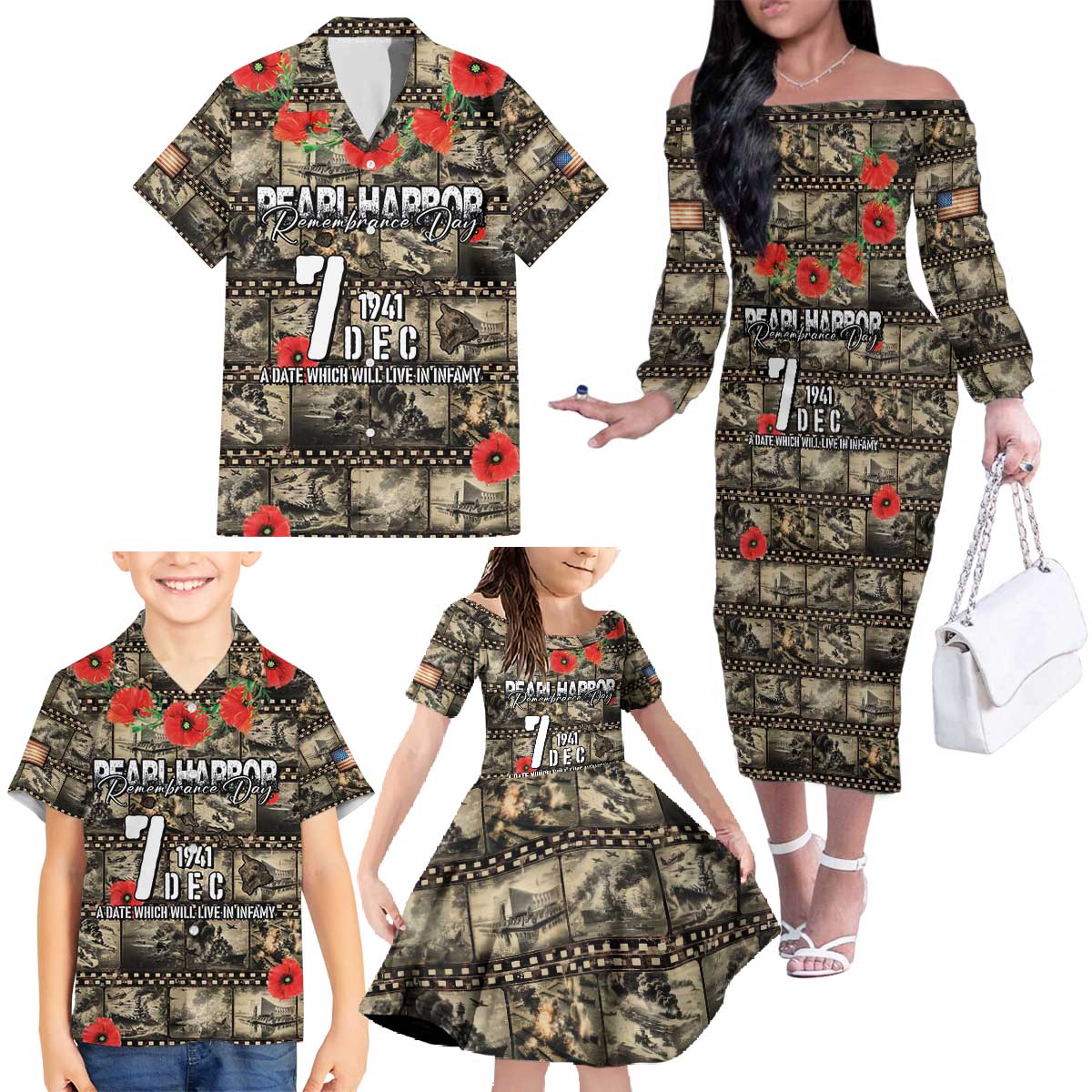 Pearl Harbor Remembrance Day Personalized Family Matching Off The Shoulder Long Sleeve Dress and Hawaiian Shirt Memories of December 7 with Red Poppy Lei LT03 - Polynesian Pride