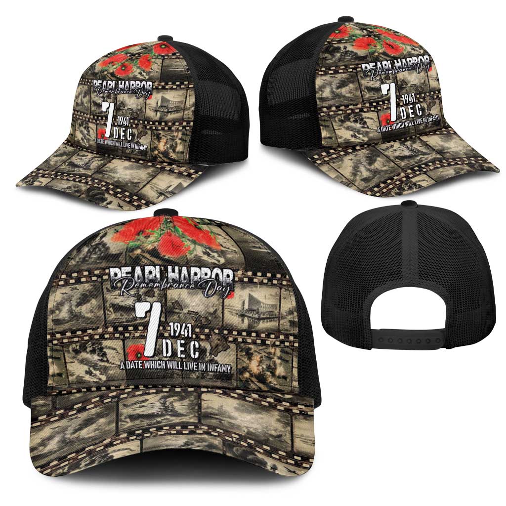 Pearl Harbor Remembrance Day Personalized Mesh Trucker Cap Memories of December 7 with Red Poppy Lei - Polynesian Pride