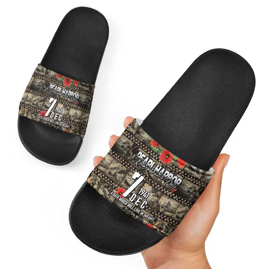 Pearl Harbor Remembrance Day Slide Sandals Memories of December 7 with Red Poppy Lei - Polynesian Pride