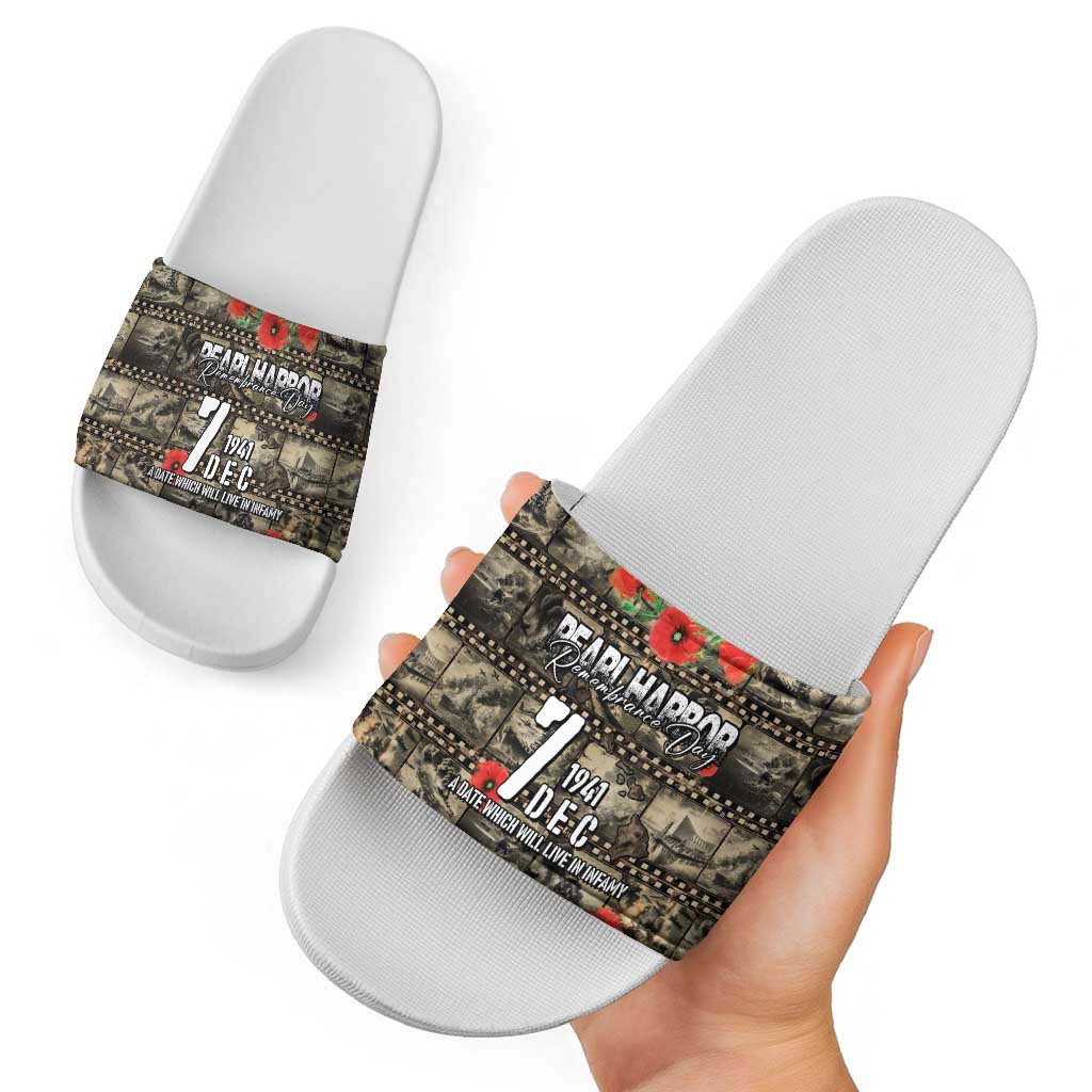 Pearl Harbor Remembrance Day Slide Sandals Memories of December 7 with Red Poppy Lei - Polynesian Pride
