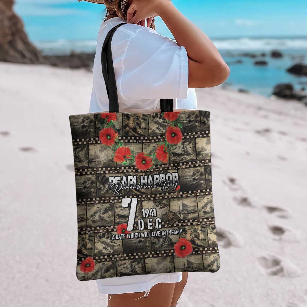 Pearl Harbor Remembrance Day Tote Bag Memories of December 7 with Red Poppy Lei - Polynesian Pride