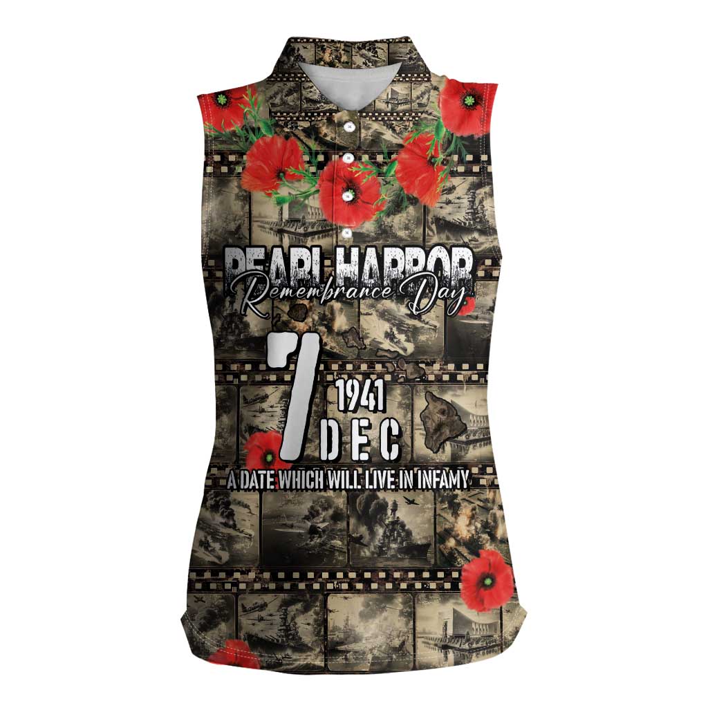 Pearl Harbor Remembrance Day Personalized Women Sleeveless Polo Shirt Memories of December 7 with Red Poppy Lei LT03 Female Beige - Polynesian Pride