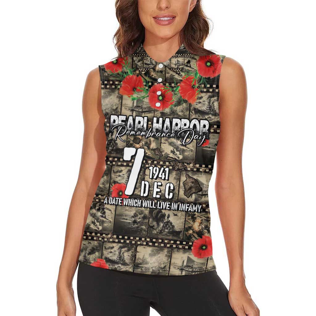 Pearl Harbor Remembrance Day Personalized Women Sleeveless Polo Shirt Memories of December 7 with Red Poppy Lei LT03 - Polynesian Pride