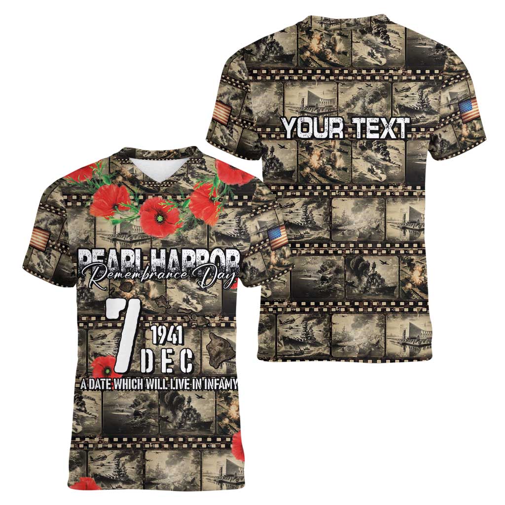 Pearl Harbor Remembrance Day Personalized Women V-Neck T-Shirt Memories of December 7 with Red Poppy Lei - Polynesian Pride