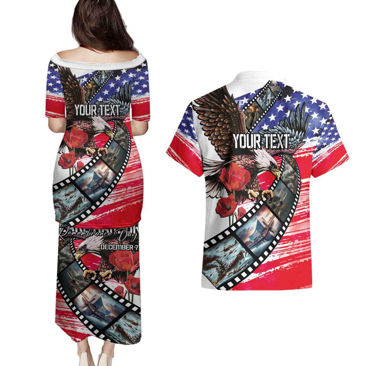 Pearl Harbor Remembrance Day Personalized Couples Matching Puletasi and Hawaiian Shirt Lest We Forget - The Bald Eagle Remembers - Polynesian Pride