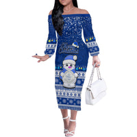 Palau Christmas Family Matching Off Shoulder Long Sleeve Dress and Hawaiian Shirt Snowman Hugs Palau Coat of Arms Maori Pattern Blue Style LT03 Mom's Dress Blue - Polynesian Pride