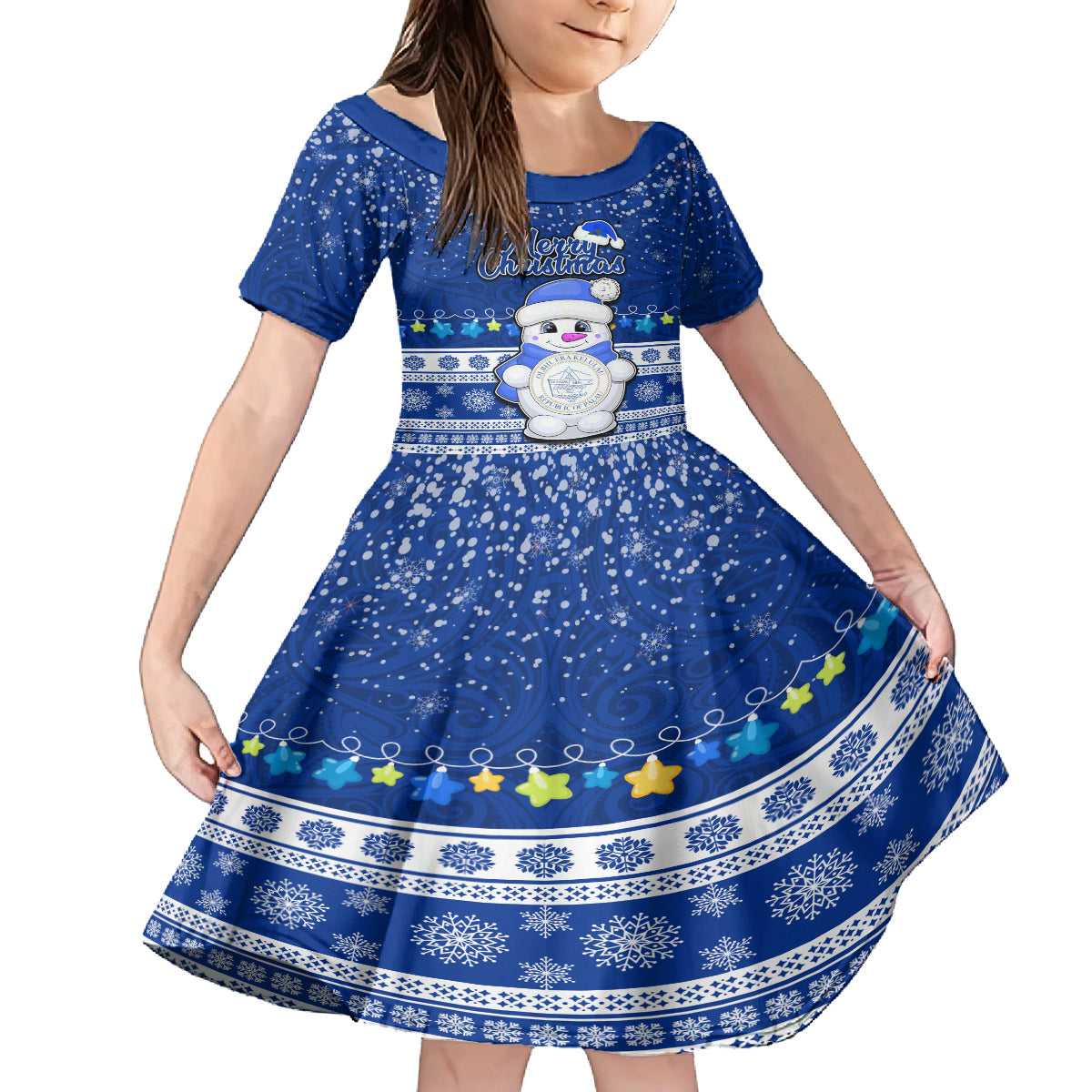 Palau Christmas Kid Short Sleeve Dress Snowman Hugs Palau Coat of Arms Maori Pattern Blue Style LT03 KID Blue - Polynesian Pride