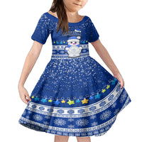 Palau Christmas Kid Short Sleeve Dress Snowman Hugs Palau Coat of Arms Maori Pattern Blue Style LT03 KID Blue - Polynesian Pride