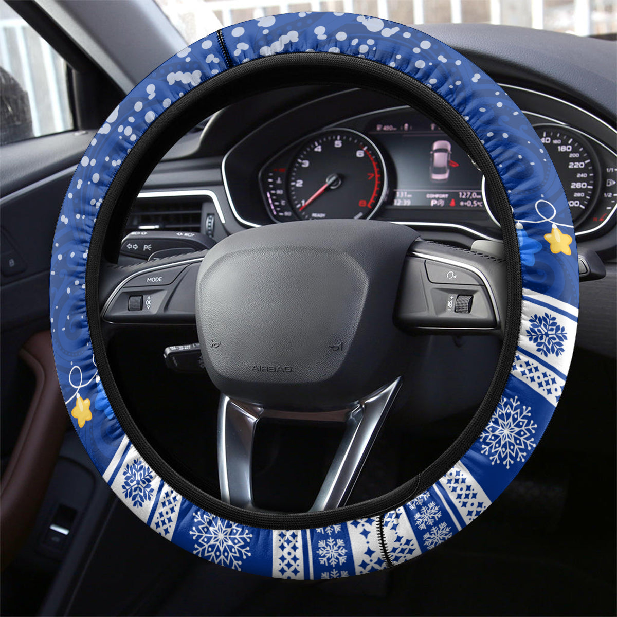 Palau Christmas Steering Wheel Cover Snowman Hugs Palau Coat of Arms Maori Pattern Blue Style