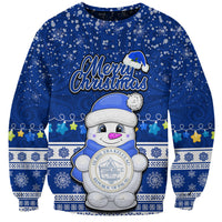 Palau Christmas Sweatshirt Snowman Hugs Palau Coat of Arms Maori Pattern Blue Style LT03 Unisex Blue - Polynesian Pride
