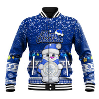 Personalised Palau Christmas Baseball Jacket Snowman Hugs Palau Coat of Arms Maori Pattern Blue Style LT03 Unisex Blue - Polynesian Pride