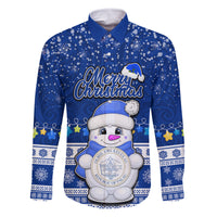 Personalised Palau Christmas Family Matching Off Shoulder Maxi Dress and Hawaiian Shirt Snowman Hugs Palau Coat of Arms Maori Pattern Blue Style LT03 Dad's Shirt - Long Sleeve Blue - Polynesian Pride