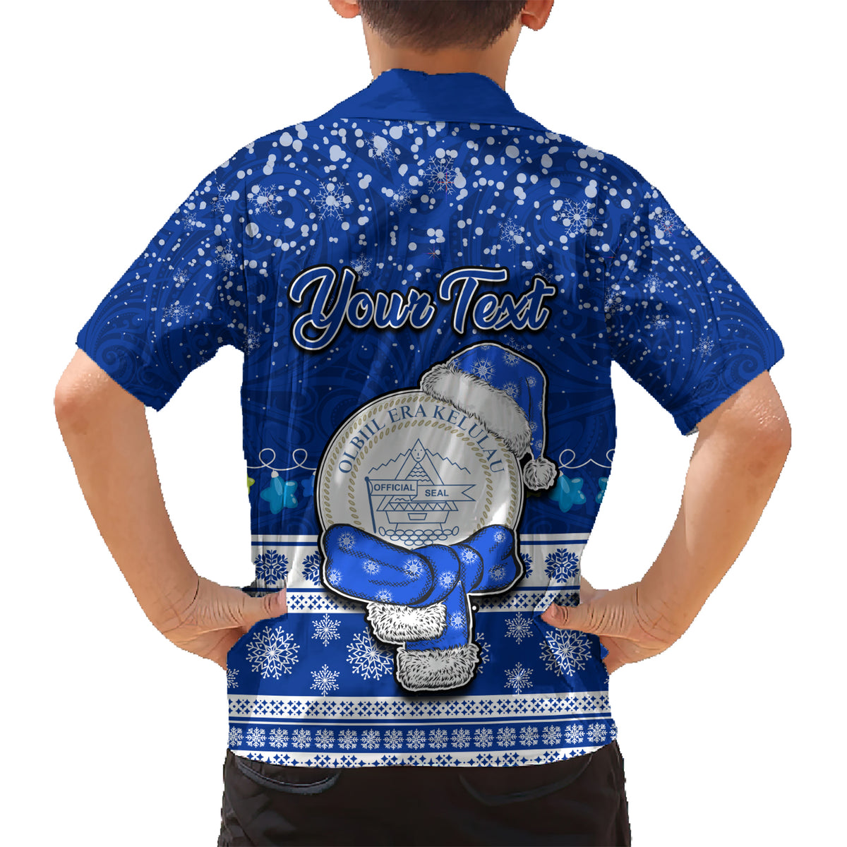 Personalised Palau Christmas Kid Hawaiian Shirt Snowman Hugs Palau Coat of Arms Maori Pattern Blue Style LT03 - Polynesian Pride