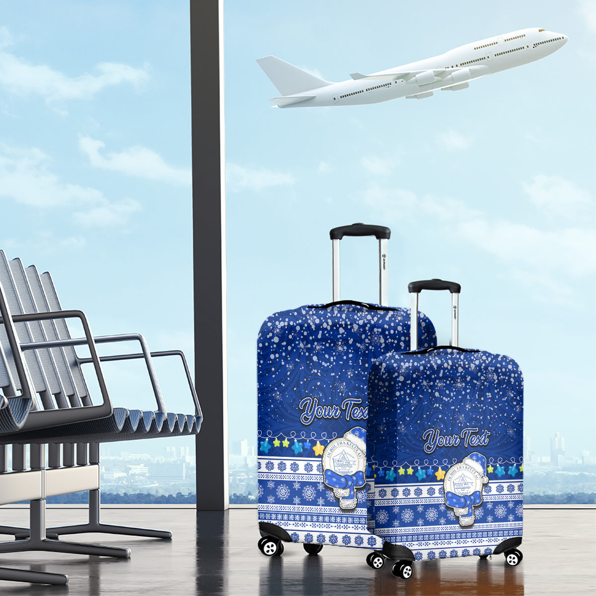 Personalised Palau Christmas Luggage Cover Snowman Hugs Palau Coat of Arms Maori Pattern Blue Style LT03 - Polynesian Pride