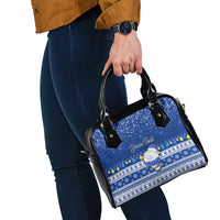 Personalised Palau Christmas Shoulder Handbag Snowman Hugs Palau Coat of Arms Maori Pattern Blue Style LT03 - Polynesian Pride