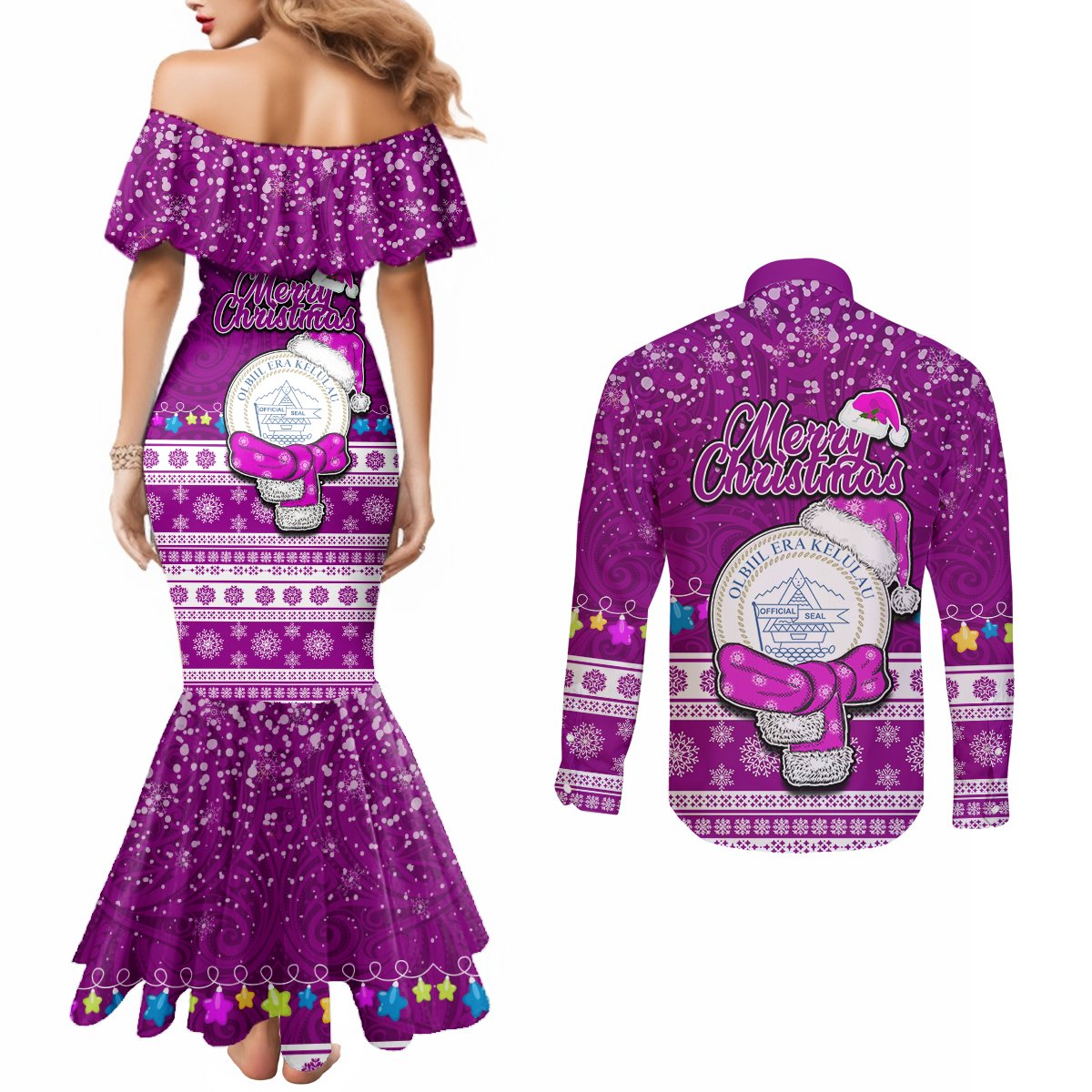 Palau Christmas Couples Matching Mermaid Dress and Long Sleeve Button Shirt Snowman Hugs Palau Coat of Arms Maori Pattern Pink Style LT03 - Polynesian Pride