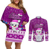 Palau Christmas Couples Matching Off Shoulder Short Dress and Long Sleeve Button Shirt Snowman Hugs Palau Coat of Arms Maori Pattern Pink Style LT03 Pink - Polynesian Pride