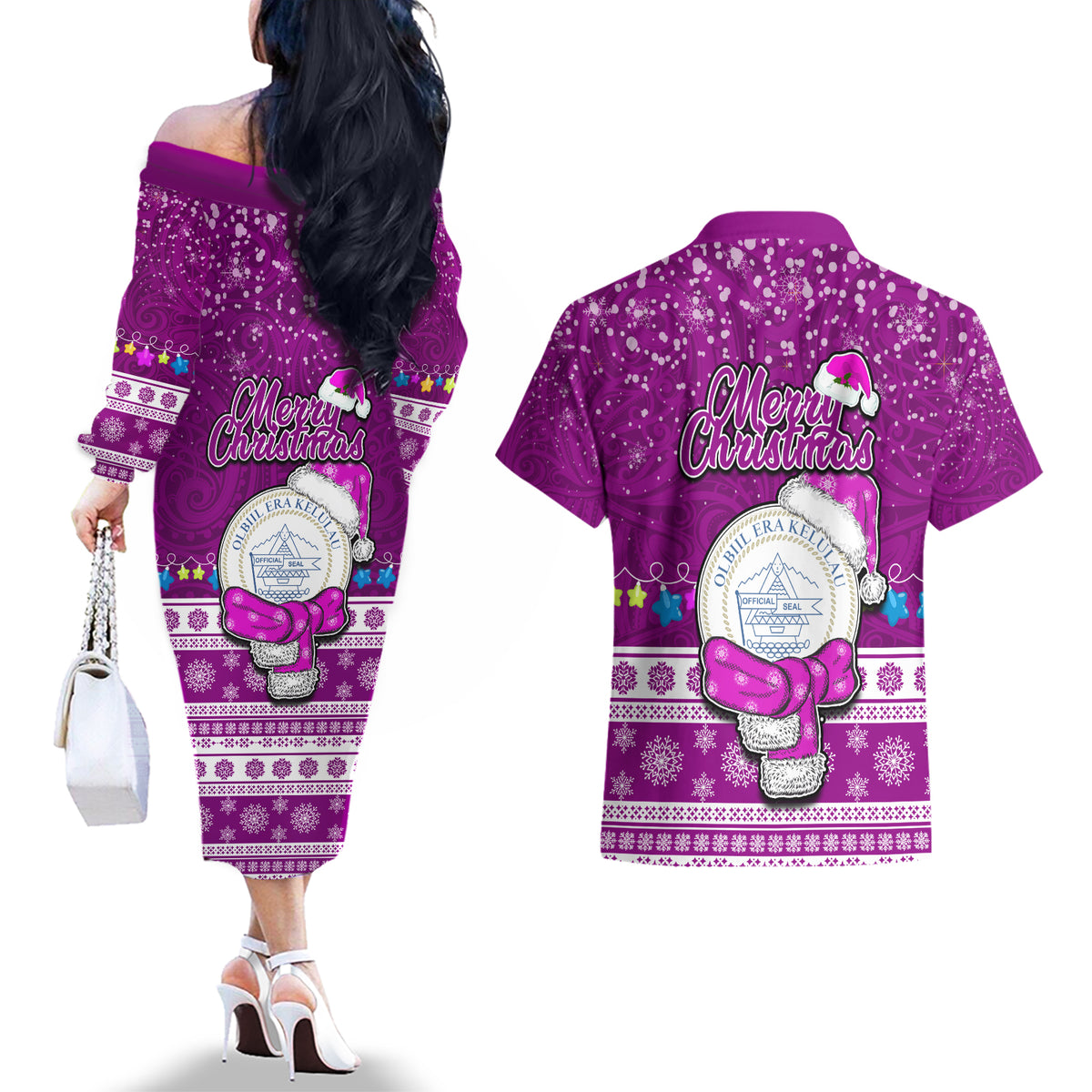 Palau Christmas Couples Matching Off The Shoulder Long Sleeve Dress and Hawaiian Shirt Snowman Hugs Palau Coat of Arms Maori Pattern Pink Style LT03 - Polynesian Pride