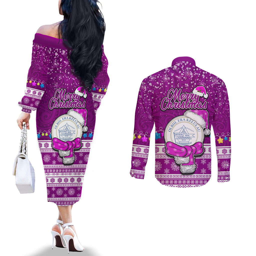 Palau Christmas Couples Matching Off The Shoulder Long Sleeve Dress and Long Sleeve Button Shirt Snowman Hugs Palau Coat of Arms Maori Pattern Pink Style LT03 - Polynesian Pride