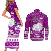 Palau Christmas Couples Matching Short Sleeve Bodycon Dress and Long Sleeve Button Shirt Snowman Hugs Palau Coat of Arms Maori Pattern Pink Style LT03 - Polynesian Pride
