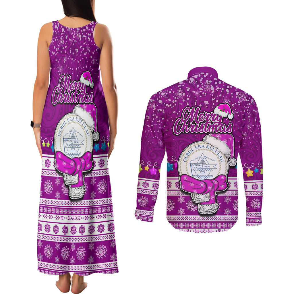 Palau Christmas Couples Matching Tank Maxi Dress and Long Sleeve Button Shirt Snowman Hugs Palau Coat of Arms Maori Pattern Pink Style LT03 - Polynesian Pride