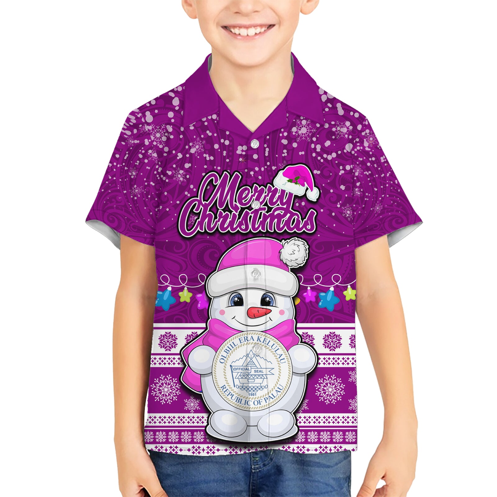 Palau Christmas Kid Hawaiian Shirt Snowman Hugs Palau Coat of Arms Maori Pattern Pink Style LT03 Kid Pink - Polynesian Pride