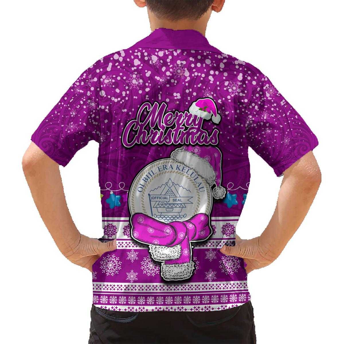 Palau Christmas Kid Hawaiian Shirt Snowman Hugs Palau Coat of Arms Maori Pattern Pink Style LT03 - Polynesian Pride