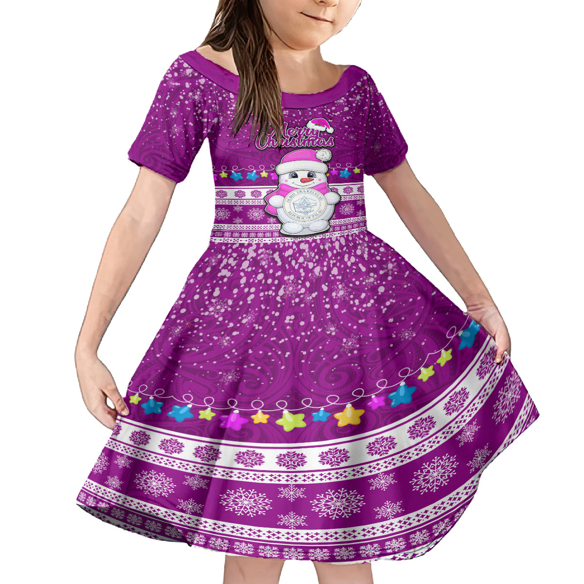 Palau Christmas Kid Short Sleeve Dress Snowman Hugs Palau Coat of Arms Maori Pattern Pink Style LT03 KID Pink - Polynesian Pride