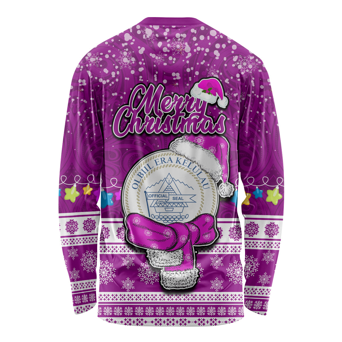 Palau Christmas Long Sleeve Shirt Snowman Hugs Palau Coat of Arms Maori Pattern Pink Style LT03 - Polynesian Pride