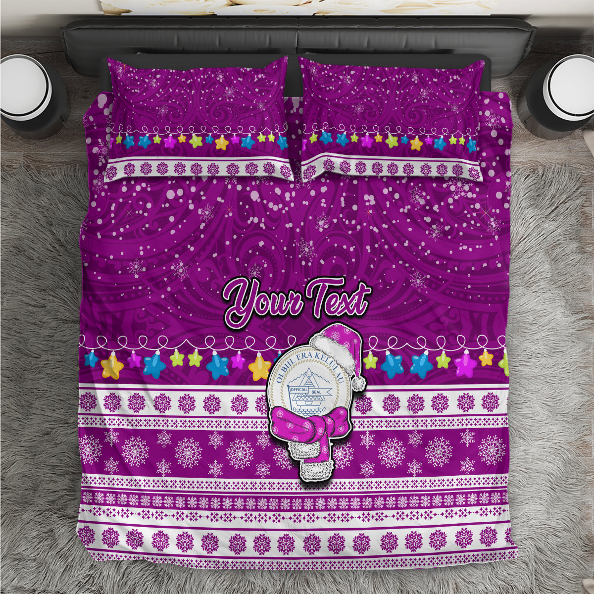 Personalised Palau Christmas Bedding Set Snowman Hugs Palau Coat of Arms Maori Pattern Pink Style LT03 Pink - Polynesian Pride