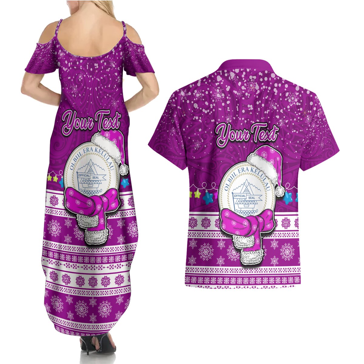 Personalised Palau Christmas Couples Matching Summer Maxi Dress and Hawaiian Shirt Snowman Hugs Palau Coat of Arms Maori Pattern Pink Style LT03 - Polynesian Pride