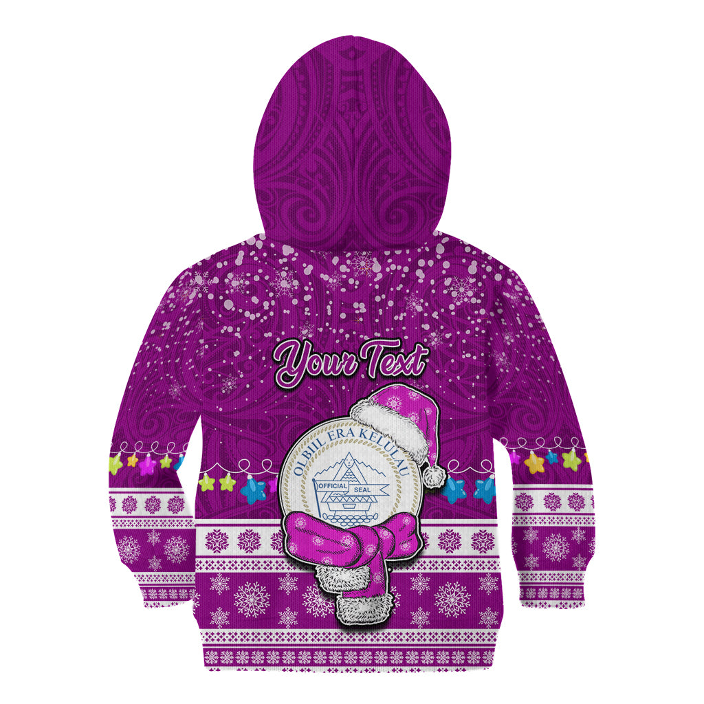 Personalised Palau Christmas Kid Hoodie Snowman Hugs Palau Coat of Arms Maori Pattern Pink Style LT03 - Polynesian Pride