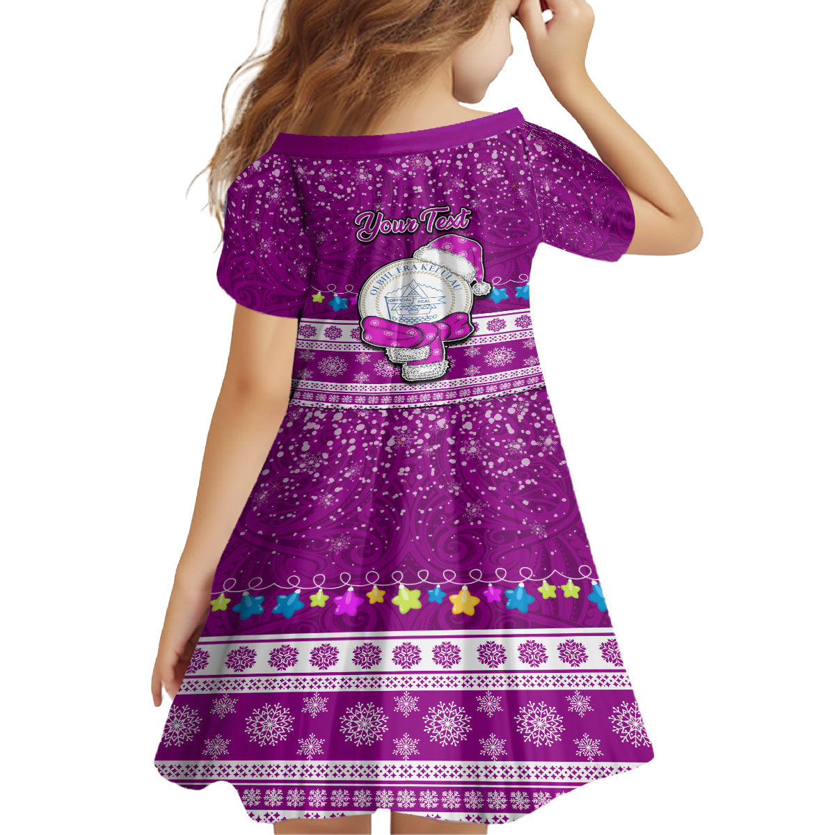 Personalised Palau Christmas Kid Short Sleeve Dress Snowman Hugs Palau Coat of Arms Maori Pattern Pink Style LT03 - Polynesian Pride