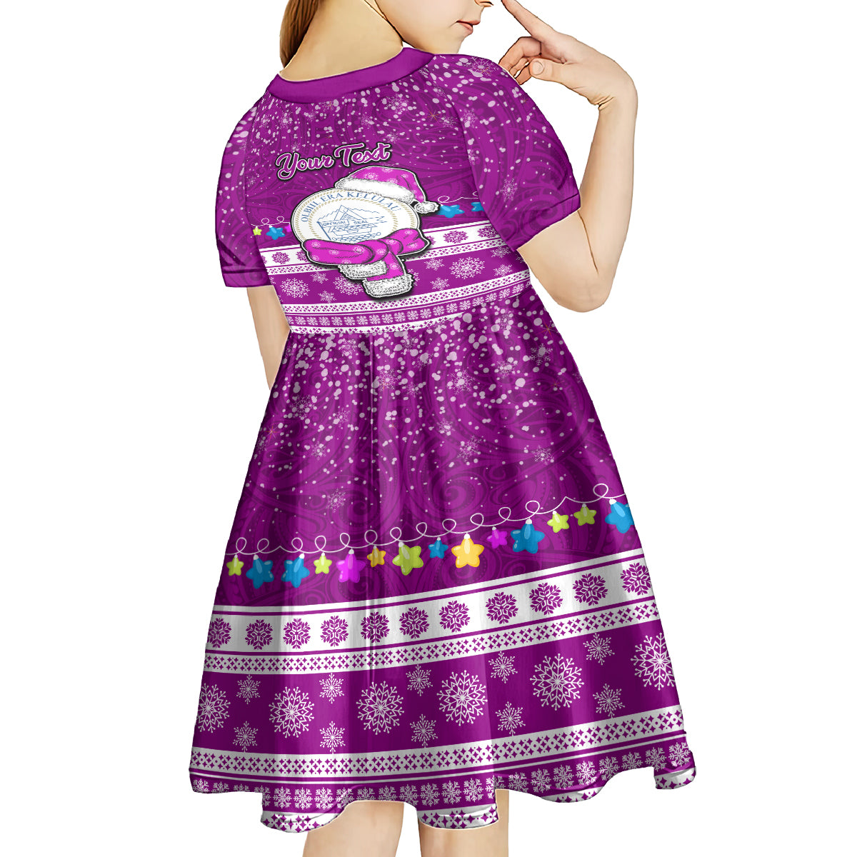 Personalised Palau Christmas Kid Short Sleeve Dress Snowman Hugs Palau Coat of Arms Maori Pattern Pink Style LT03 - Polynesian Pride