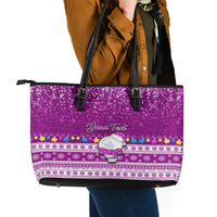 Personalised Palau Christmas Leather Tote Bag Snowman Hugs Palau Coat of Arms Maori Pattern Pink Style LT03 - Polynesian Pride