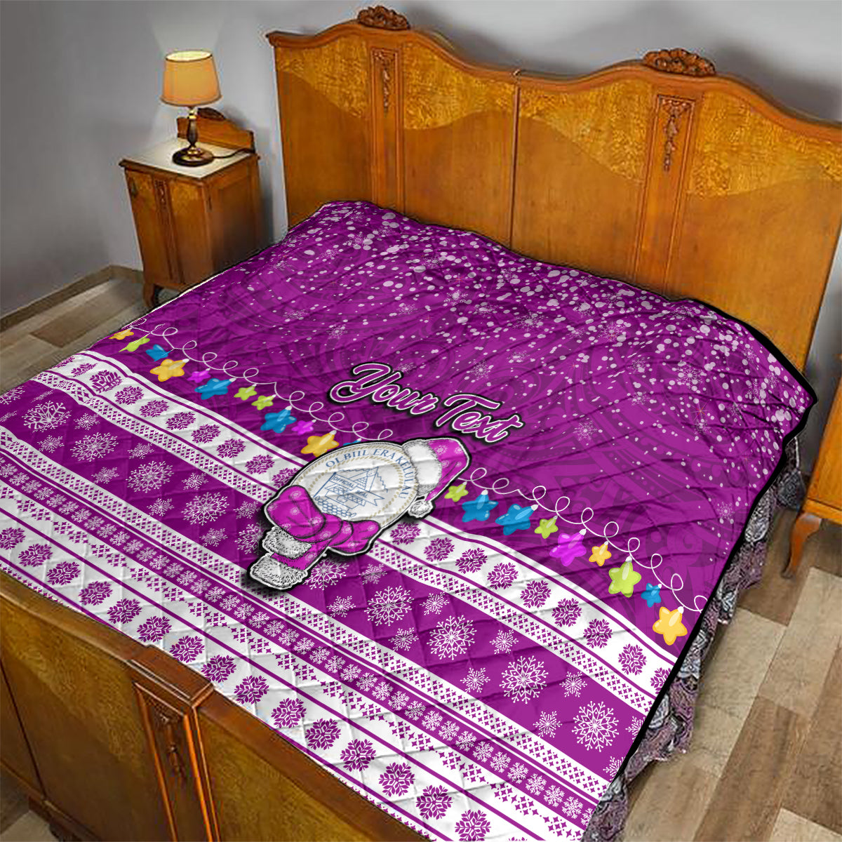 Personalised Palau Christmas Quilt Snowman Hugs Palau Coat of Arms Maori Pattern Pink Style LT03 - Polynesian Pride