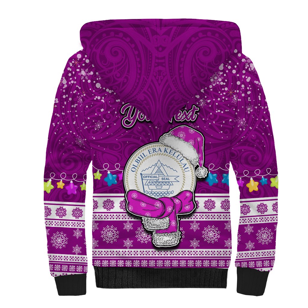 Personalised Palau Christmas Sherpa Hoodie Snowman Hugs Palau Coat of Arms Maori Pattern Pink Style LT03 - Polynesian Pride