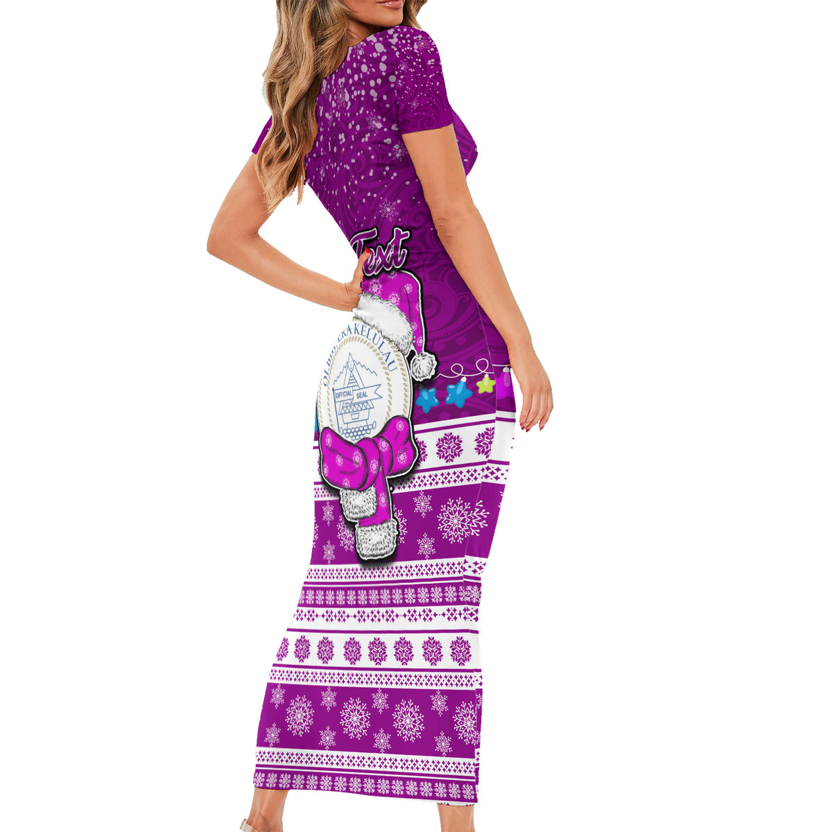 Personalised Palau Christmas Short Sleeve Bodycon Dress Snowman Hugs Palau Coat of Arms Maori Pattern Pink Style LT03 - Polynesian Pride