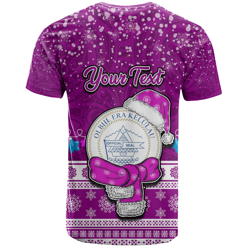 Personalised Palau Christmas T Shirt Snowman Hugs Palau Coat of Arms Maori Pattern Pink Style LT03 - Polynesian Pride