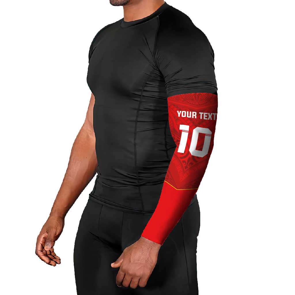 Custom Mate Ma'a Tonga Rugby Arm Sleeves Ngatu Tribal Motifs Sporty Style - Polynesian Pride