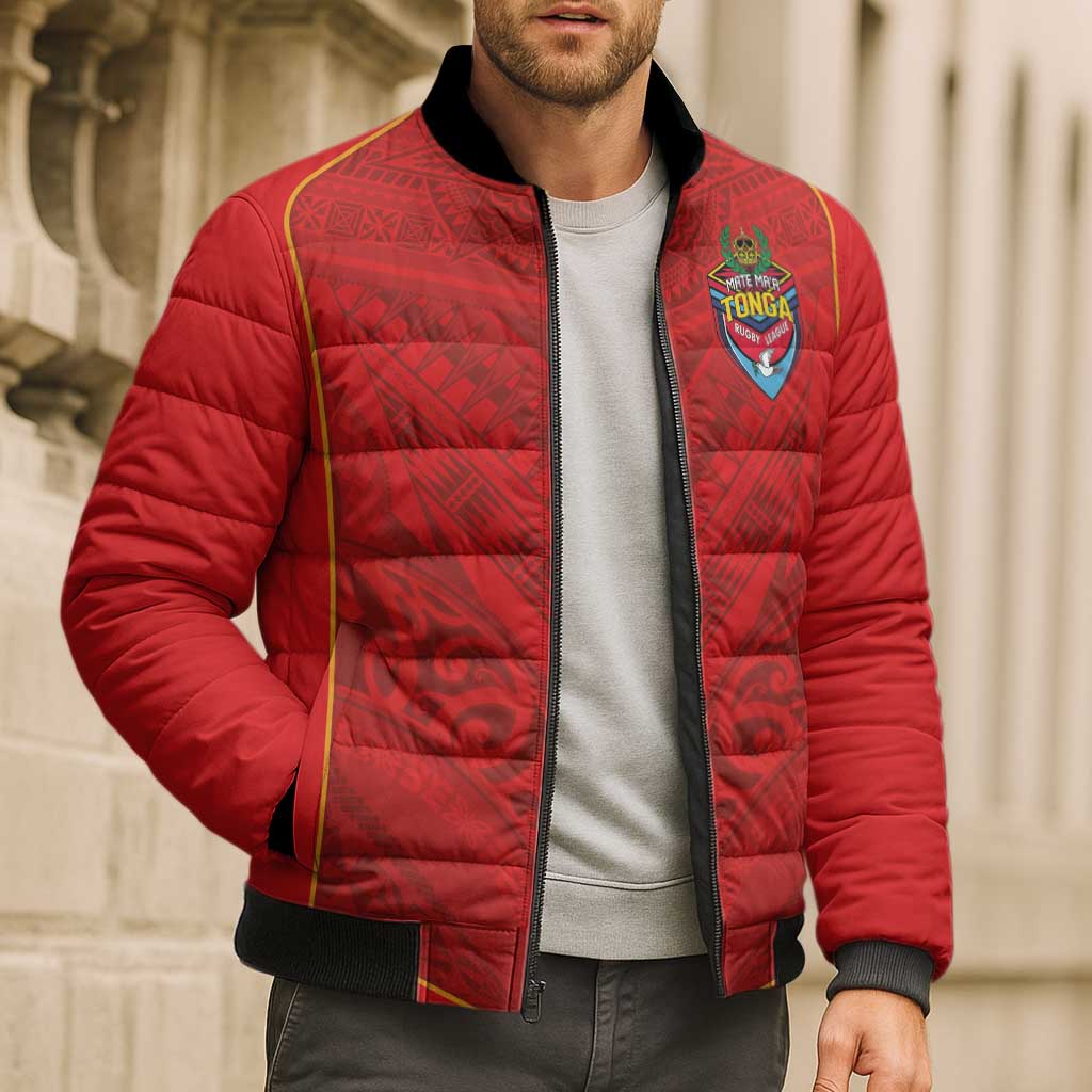 Custom Mate Ma'a Tonga Rugby Bomber Puffer Jacket Ngatu Tribal Motifs Sporty Style - Polynesian Pride