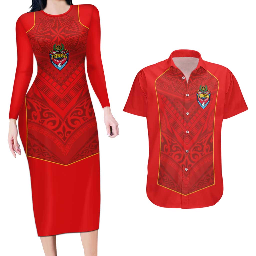 Custom Mate Ma'a Tonga Rugby Couples Matching Long Sleeve Bodycon Dress and Hawaiian Shirt Ngatu Tribal Motifs Sporty Style - Polynesian Pride
