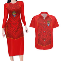 Custom Mate Ma'a Tonga Rugby Couples Matching Long Sleeve Bodycon Dress and Hawaiian Shirt Ngatu Tribal Motifs Sporty Style LT03 Red - Polynesian Pride