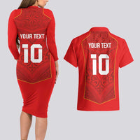 Custom Mate Ma'a Tonga Rugby Couples Matching Long Sleeve Bodycon Dress and Hawaiian Shirt Ngatu Tribal Motifs Sporty Style LT03 - Polynesian Pride