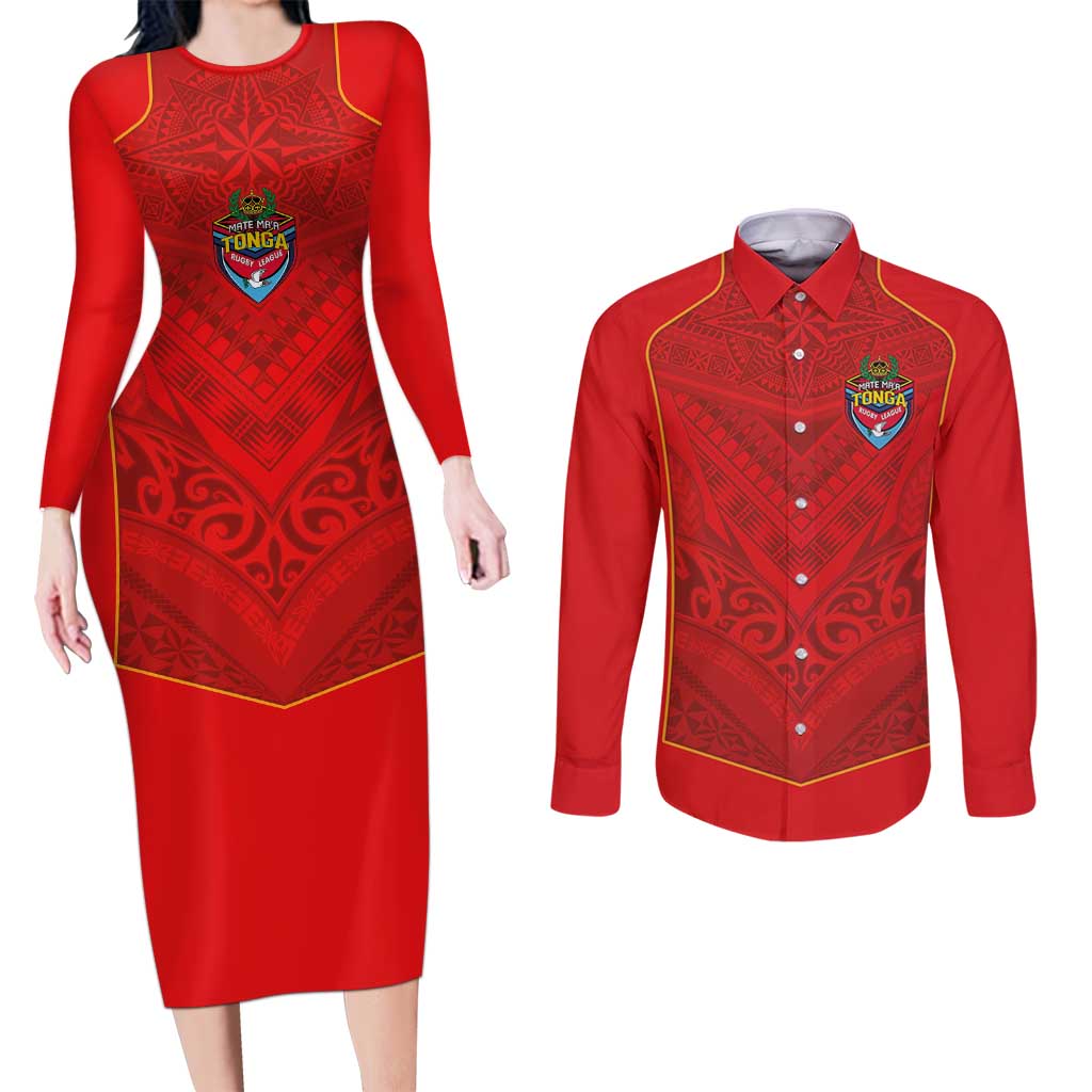 Custom Mate Ma'a Tonga Rugby Couples Matching Long Sleeve Bodycon Dress and Long Sleeve Button Shirt Ngatu Tribal Motifs Sporty Style LT03 Red - Polynesian Pride