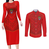 Custom Mate Ma'a Tonga Rugby Couples Matching Long Sleeve Bodycon Dress and Long Sleeve Button Shirt Ngatu Tribal Motifs Sporty Style LT03 Red - Polynesian Pride