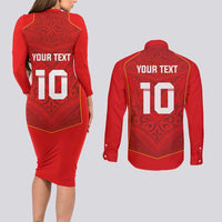 Custom Mate Ma'a Tonga Rugby Couples Matching Long Sleeve Bodycon Dress and Long Sleeve Button Shirt Ngatu Tribal Motifs Sporty Style LT03 - Polynesian Pride