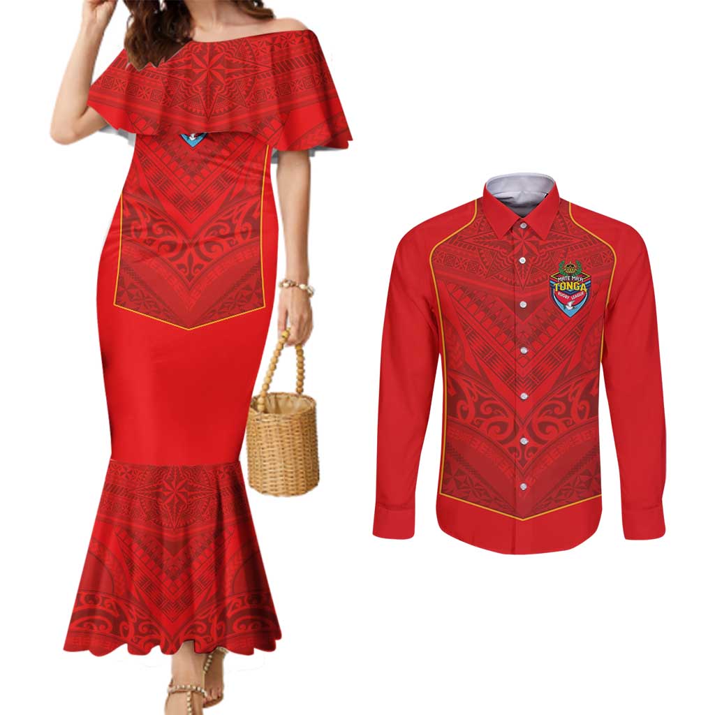 Custom Mate Ma'a Tonga Rugby Couples Matching Mermaid Dress and Long Sleeve Button Shirt Ngatu Tribal Motifs Sporty Style LT03 Red - Polynesian Pride