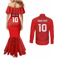Custom Mate Ma'a Tonga Rugby Couples Matching Mermaid Dress and Long Sleeve Button Shirt Ngatu Tribal Motifs Sporty Style LT03 - Polynesian Pride