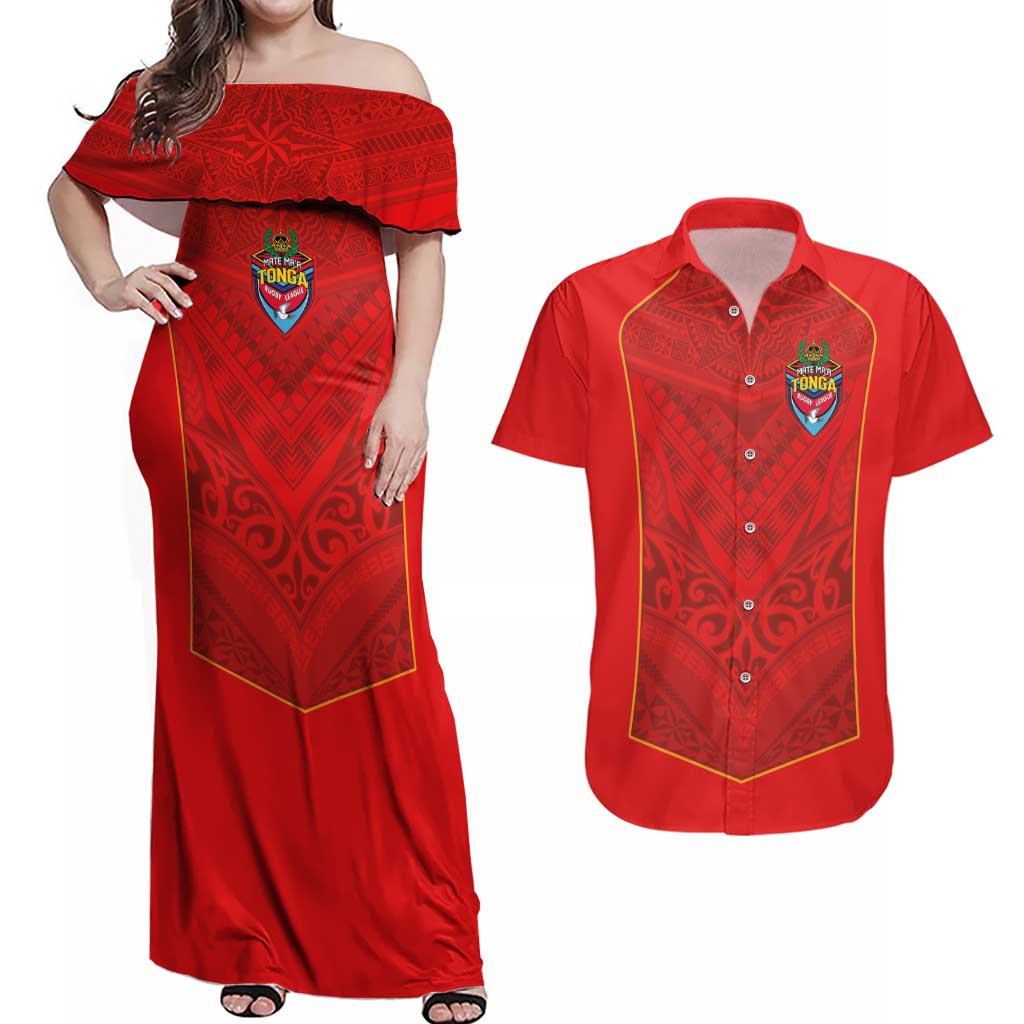 Custom Mate Ma'a Tonga Rugby Couples Matching Off Shoulder Maxi Dress and Hawaiian Shirt Ngatu Tribal Motifs Sporty Style LT03 Red - Polynesian Pride
